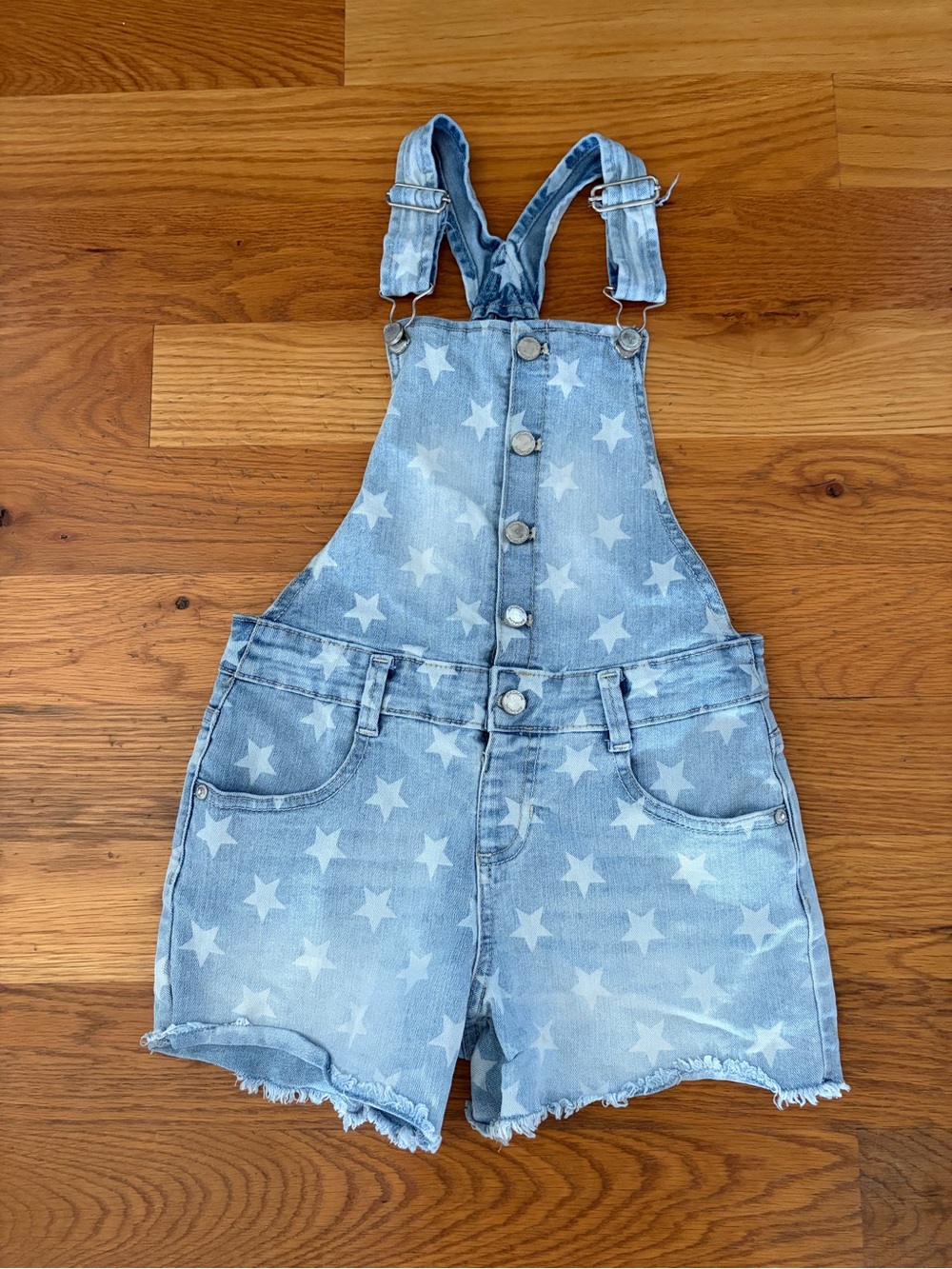 Girls Light Blue Star Print Denim Short Overalls
